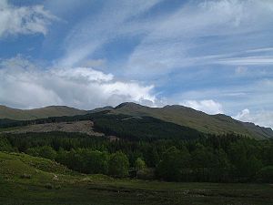 Cruach Ardrain from the A82 road in Glen Falloch. The plantations on the NW ridge are being felled.