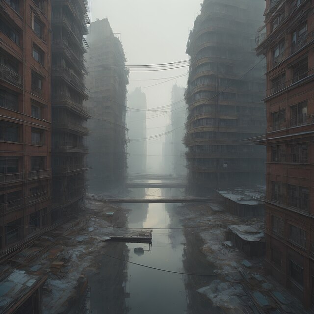 Une ville déserte, avec des rues inondées sous un ciel gris.