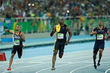 Andre De Grasse, Usain Bolt et Jimmy Vicaut (de gauche à droite) lors de la finale du 100 m des Jeux olympiques de Rio.