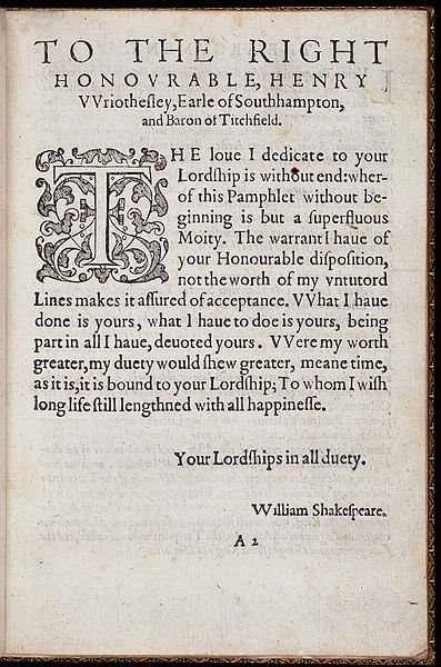  Dedication page from first edition of "The Rape of Lurece," by William Shakespeare, 1594. Image courtesy of the Elizabethan Club and the Beinecke Rare Book & Manuscript Library, Yale University.