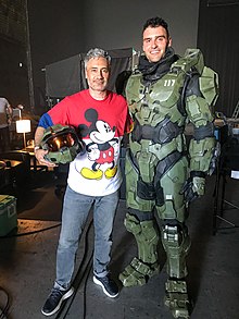 Dane DiLiegro and Taika Waititi on set while shooting an Xbox production