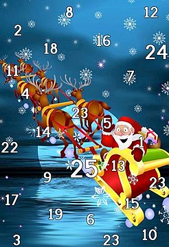 An Advent calendar featuring Santa Claus riding his sleigh.