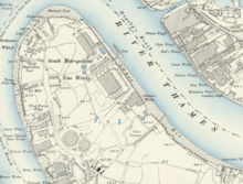 South Metropolitan Gas Works in East Greenwich, from 1894 Ordnance Survey map (Reproduced with the permission of the National Library of Scotland) East Greenwich - portion of OS Map 1894.png