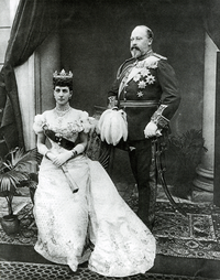 In 1884 the then Prince of Wales, Edward VII and his wife Alexandra, visited Rothbury to see Cragside and Lord Armstrong Edward VII and Alexandra after Gunn & Stuart.png