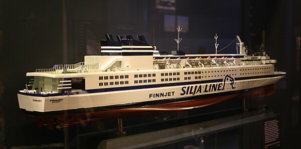 Model of the world's fastest cruiseferry, GTS Finnjet, in 1980s Silja Line livery (ships owned by Johnson Line had different funnel colours)