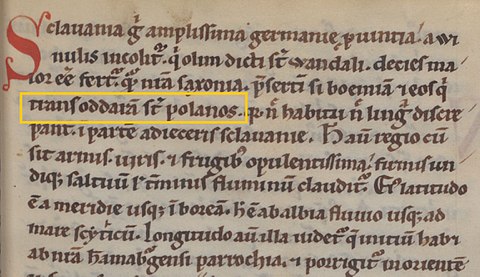 Fragment of Gesta Hammaburgensis ecclesiae pontificum (1073) by Adam of Bremen, containing the name "Polans":  "trans Oddaram sunt Polanos"