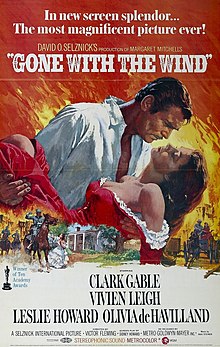 Poster shows Rhett Butler carrying Scarlett O'Hara against a backdrop of the Burning of Atlanta