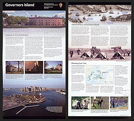 Site-specific information panel, one of many installed by the National Park Service within Governors Island National Monument