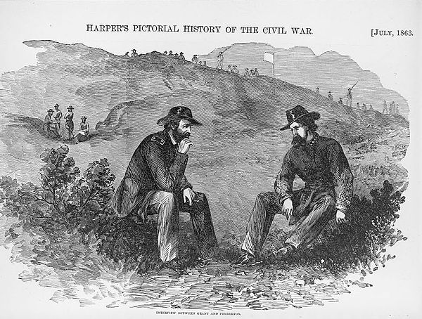 Grant discussing the terms of the capitulation of Vicksburg with defeated Confederate General Pemberton