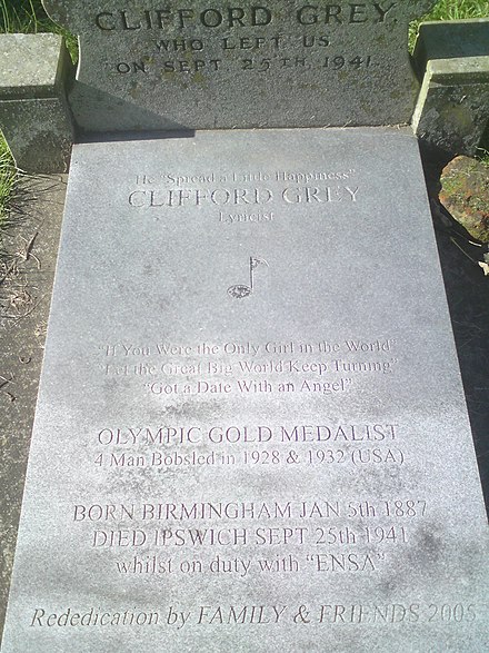 Inscription on the stone laid on Grey's grave in Old Ipswich Cemetery in 2005 including the erroneously attributed Olympic gold medals