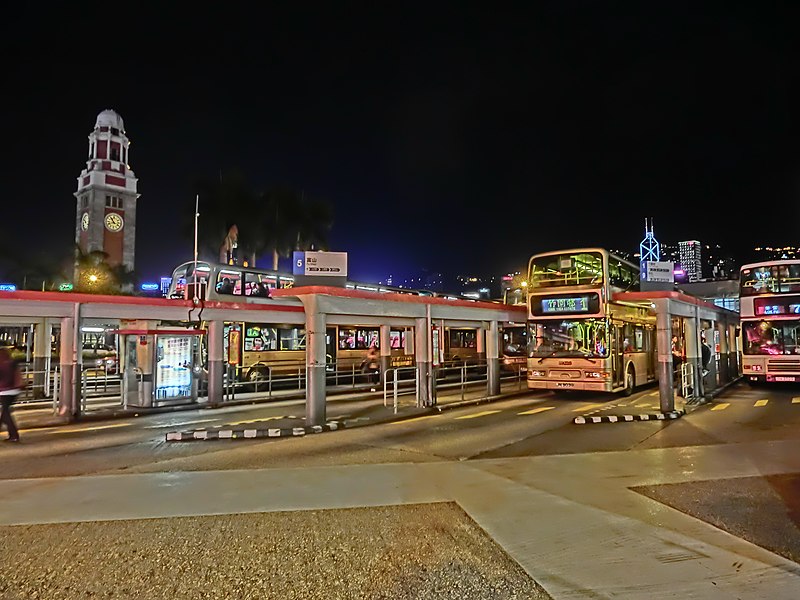 File:HK TST night Salisbury Road Star Ferry Piers Bus Terminus KMBus 1 stop 尖沙咀碼頭巴士總站 view Clock Tower Mar-2013.JPG