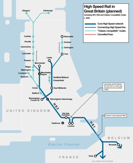 The planned high-speed rail network with proposed "Classic Compatible" rail routes running off high-speed lines.[37]