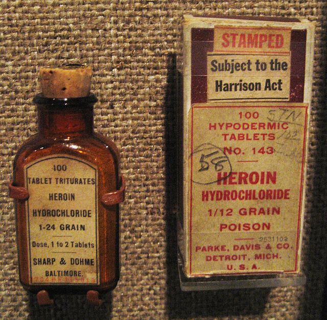 Heroin bottle and carton, early 20th century.