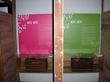 Recreated lower and upper house booths, history, and voting procedures Historical ballot boxes for South Australia.JPG
