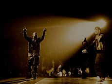 West (left) and Jay-Z (right) on the Watch the Throne Tour, 2011. Jay-Z Kanye WTT Tour.jpg