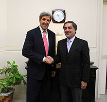 U.S. Senator John Kerry and losing candidate Abdullah Abdullah in October 2009. John Kerry with Abdullah Abdullah in 2009.jpg