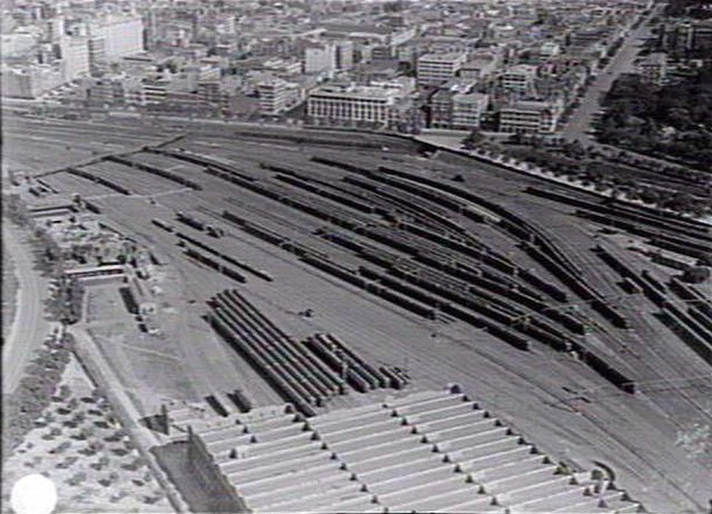 Overhead view of the workshops and yard looking north west, in 1929.