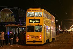 Jubilee tram 762 at the Sand Castle, Blackpool Jubilee tram.jpg