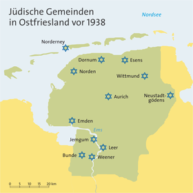 Lage der jüdischen Gemeinden in Ostfriesland vor 1938