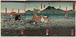 Samurajerna Kajiwara Kagesue, Sasaki Takatsuna, och Hatakeyama Shigetada korsar floden Uji under Genpei-kriget