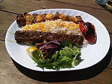 Chelow kabab (rice and kebab), one of Iran's national dishes. Kebab Bakhtyari.jpg