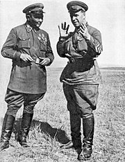 Khorloogiin Choibalsan, leader of the Mongolian People's Republic (left), and Georgy Zhukov consult during the Battle of Khalkhin Gol against Japanese troops, 1939 Khalkhin Gol George Zhukov and Khorloogiin Choibalsan 1939.jpg