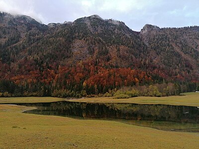 Herbstlicher Blick über die Ostseite des Lödensees nach Norden zum Hochkienberg (links) und zur Schlösselschneid (1416 m – rechts)