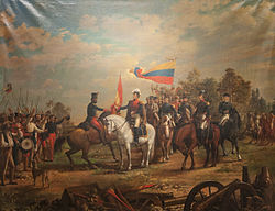 Delivery of the Numancia flag to the unnamed battalion, oil on canvas, by Arturo Michelena La entrega de la bandera del Numancia al Batallon Sin Nombre.jpg