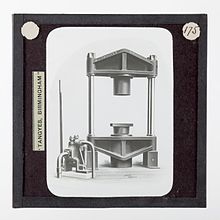 Glass lantern slide, circa 1910, showing a Tangye hydraulic tea press of the type supplied to Cheerkoff, Panoff & Co. of Hankow, China for pressing dried tea leaves into flat
.mw-parser-output .frac{white-space:nowrap}.mw-parser-output .frac .num,.mw-parser-output .frac .den{font-size:80%;line-height:0;vertical-align:super}.mw-parser-output .frac .den{vertical-align:sub}.mw-parser-output .sr-only{border:0;clip:rect(0,0,0,0);clip-path:polygon(0px 0px,0px 0px,0px 0px);height:1px;margin:-1px;overflow:hidden;padding:0;position:absolute;width:1px}
2+1/2-pound cakes for shipping to Asiatic Russia. Lantern Slide - Tangyes Ltd, Tea Press, circa 1910.jpg