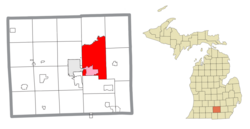 Lokasi berada Jackson County (merah) dan diberikan Michigan Pusat komunitas (pink)