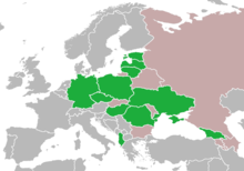 Lustration map of Europe, with green representing some form of lustration; pink no lustration; and grey not a former Warsaw Pact member Lustration map.png