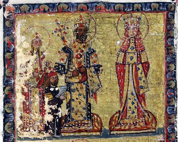 Alexios II, Manuel I Komnenos and Agnes of France depicted in an illuminated manuscript, ca. 1179.