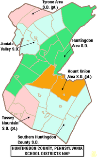 Map of Huntingdon County, Pennsylvania School Districts showing a part of Tyrone Area School District Map of Huntingdon County Pennsylvania School Districts.png