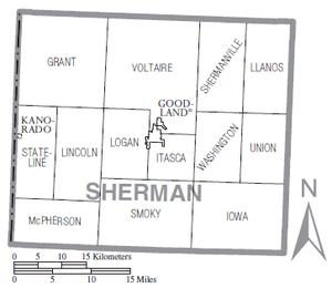 Cities and townships in Sherman County Map of Sherman County, Kansas with municipal and township labels.png