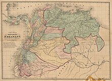 Republics of Venezuela, New Granada and Ecuador, emerged after the dissolution of Gran Colombia. Mapa de la Nueva Granada (1852).jpg