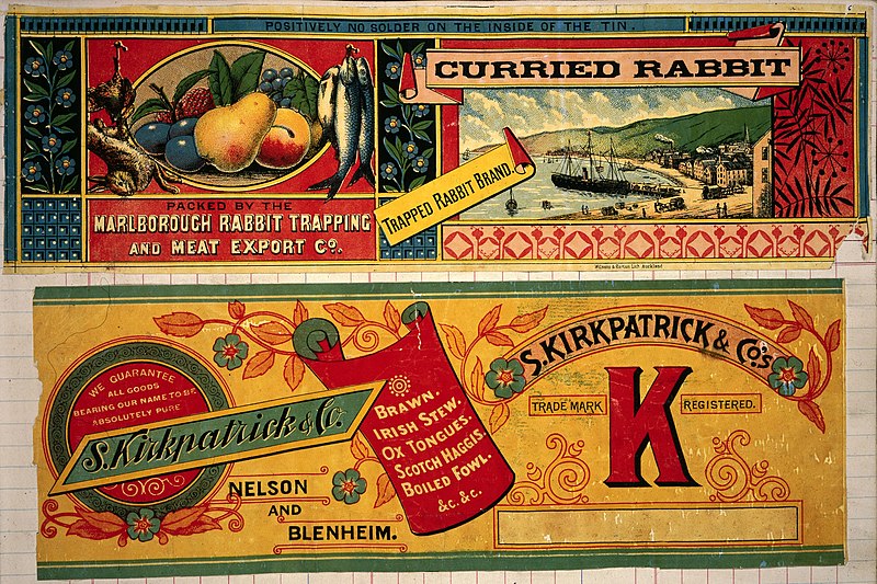 File:Marlborough Rabbit Trapping and Meat Export Company. Curried rabbit, trapped rabbit brand - Wilson and Horton lith, Auckland (and) S Kirkpatrick and Co. Trade mark K registered - Brawn, Irish stew, ox (5015578615).jpg