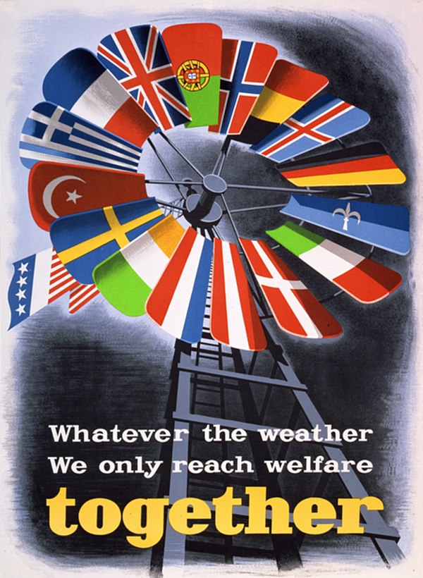 A poster promoting the Marshall Plan in Europe, the first large scale development program. It was designed to boost European economies shattered by wa