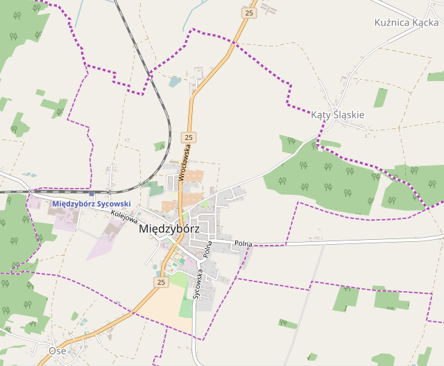 Mapa konturowa Międzyborza, blisko centrum na lewo znajduje się punkt z opisem „Kościół pod wezwaniem św. Józefa Rzemieślnika w Międzyborzu”