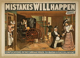 Fanciful rendering of the interior of a carriage house from a theatrical poster (1898) Mistakes-carriage-house.jpg