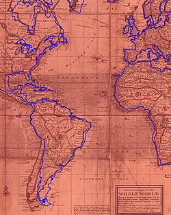 Modern outline map (blue) superimposed on Herman Moll's 1719 World Map. The southern part of South America is much too far west on Moll's map, but the west coast of the Americas is generally within 3deg longitude Moll World Map 1719 master-gmd-gmd3-g3200-g3200-mf000001Z Atlantic.jpg