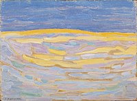 Dune I label QS:Len,"Dune I" label QS:Lnl,"Duin I" . 1909. oil on cardboard medium QS:P186,Q296955;P186,Q389782,P518,Q861259 . 30 × 40 cm (11.8 × 15.7 in). The Hague, Gemeentemuseum Den Haag.