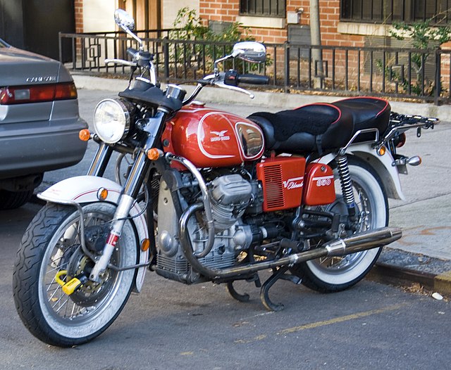 The engine in this Moto Guzzi motorcycle is described as "transverse" despite the crankshaft being in line with the frame.