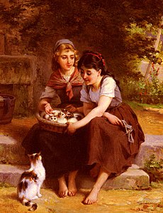 1895.3 Two girls with a basket of kittens label QS:Len,"Two girls with a basket of kittens" label QS:Lfr,"Deux filles avec un panier de chatons" 1895