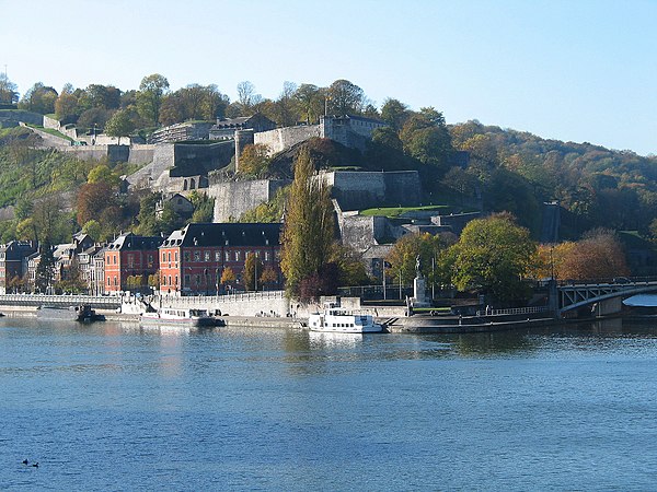 Citadel of Namur above the Meuse, modern Parlement de Wallonie below