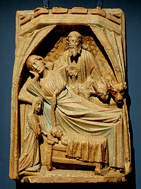 Reliefo pri la naskiĝo de Kristo, el alabastro, ĉirkaŭ 1400 (Nottingham)