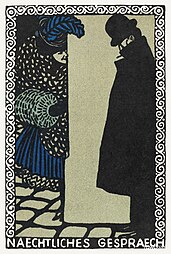 Highly stylized Vienna Secession rinceaux on a poster called Nocturnal Conversation, by Moriz Jung, 1907, colour lithograph, Metropolitan Museum of Art