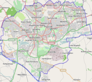 Map of the town suburbs Northampton from OpenStreetMap.png