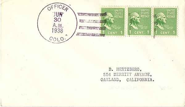 Philatelic cover postmarked Officer, Colorado on the last day of service. Mail from this discontinued post office was then handled at Villegreen, Colo