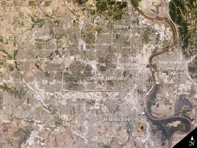 Satellite photo showing Council Bluffs and Omaha, Nebraska