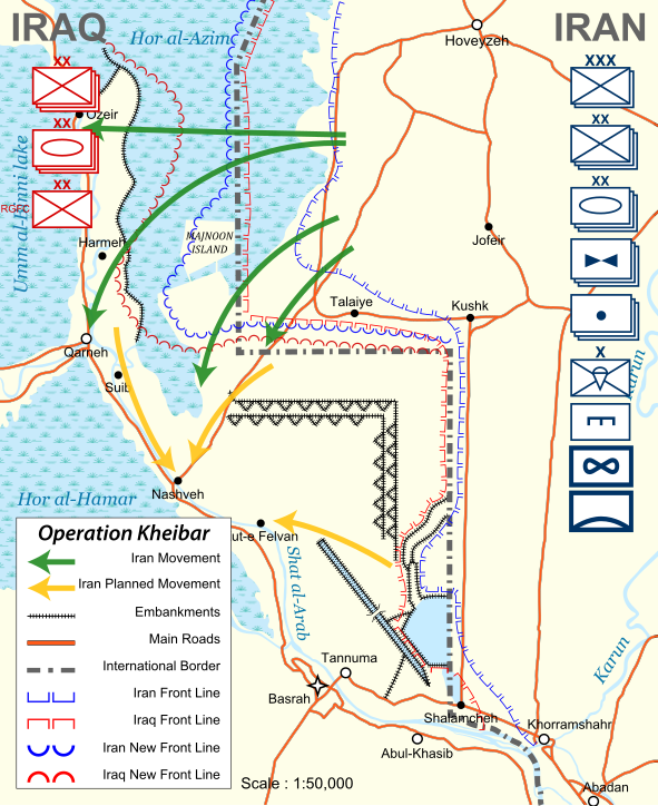  العمليه خيبر .....الاحتلال الايراني لجزر مجنون النفطيه العراقيه فبراير-مارس 1984 591px-Operation_Kheibar_map.svg